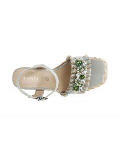 CafèNoir Sandalo Zeppa Alta Sughero Rafia Strass Acquamarina