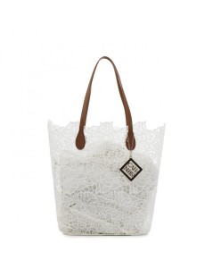 CafèNoir Shopper Secchiello 2 Manici Cuoio Pizzo Bianco
