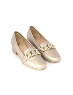 Confort Mocassino Tacco Medio con Accessorio Laminato Champagne
