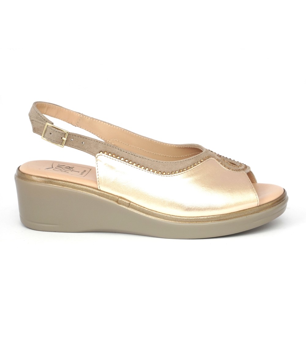 Confort Sandalo Classic Zeppa Laminato con Strass Champagne