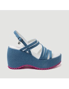 Fornarina Sandalo Zeppa Alta Multi Fasce Fibbia Denim