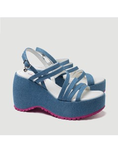 Fornarina Sandalo Zeppa Alta Multi Fasce Fibbia Denim