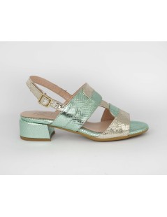 Confort Sandalo Tacco Medio Treccia Laminato Mela Platino