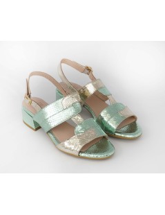 Confort Sandalo Tacco Medio Treccia Laminato Mela Platino