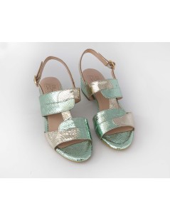 Confort Sandalo Tacco Medio Treccia Laminato Mela Platino