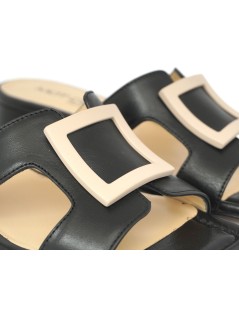 MOT-Clè Ciabattina Tacco Squadrata Fibbia Beige Nappa Nero