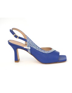 Musella Sandalo Tacco Trasversale Nappa Strass Blu Royal
