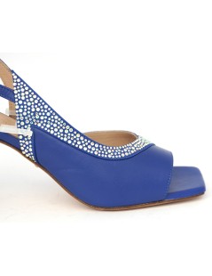Musella Sandalo Tacco Trasversale Nappa Strass Blu Royal