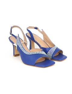 Musella Sandalo Tacco Trasversale Nappa Strass Blu Royal