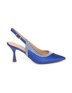 Musella Slingback Eleganti Tacco Medio Raso Strass Blu Royal