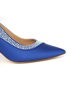 Musella Slingback Eleganti Tacco Medio Raso Strass Blu Royal