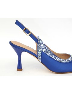 Musella Slingback Eleganti Tacco Medio Raso Strass Blu Royal