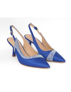 Musella Slingback Eleganti Tacco Medio Raso Strass Blu Royal