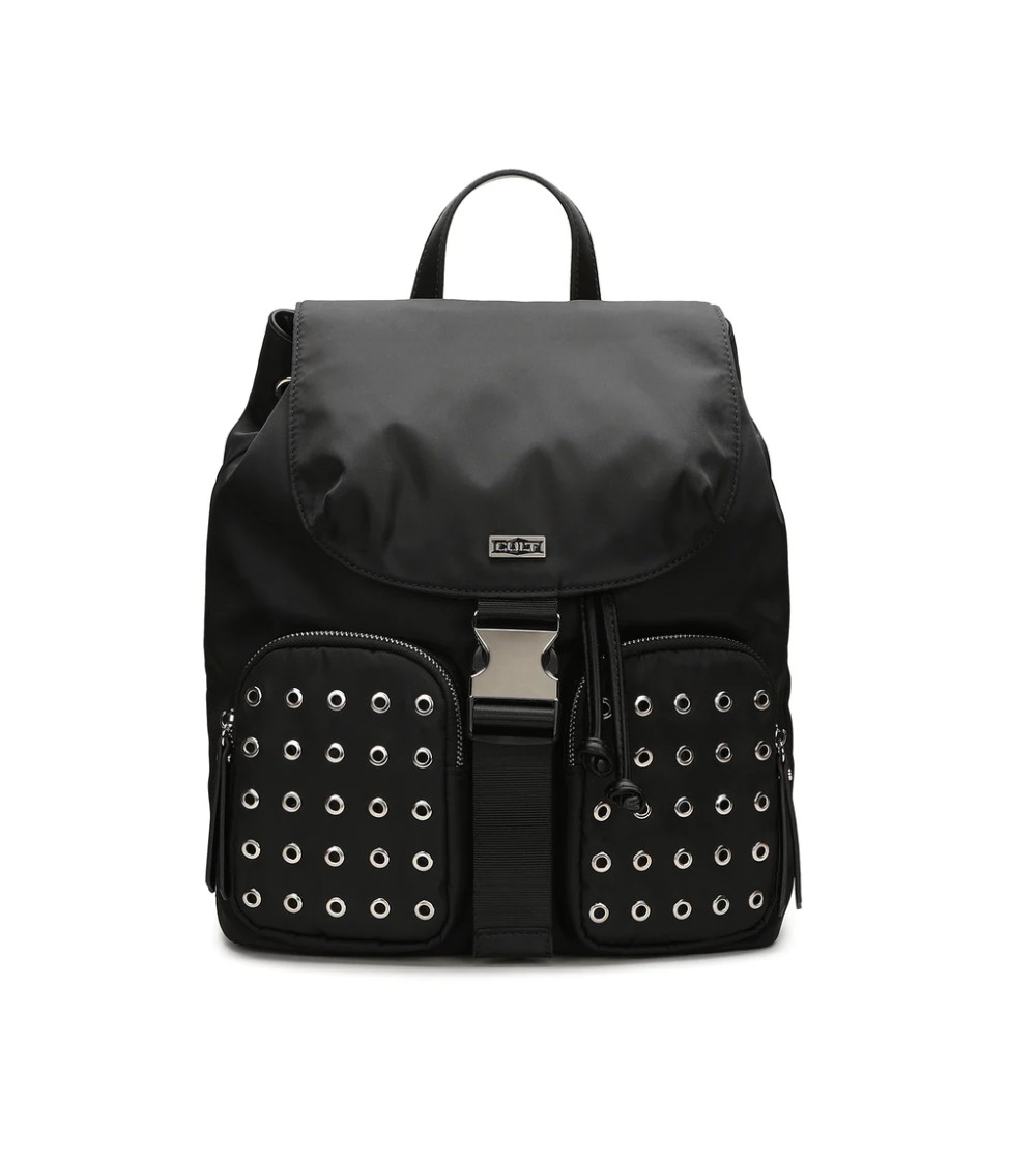 Cult Zaino Nylon con Patta Fibbia Incastro Doppie Tasche Zip Nero