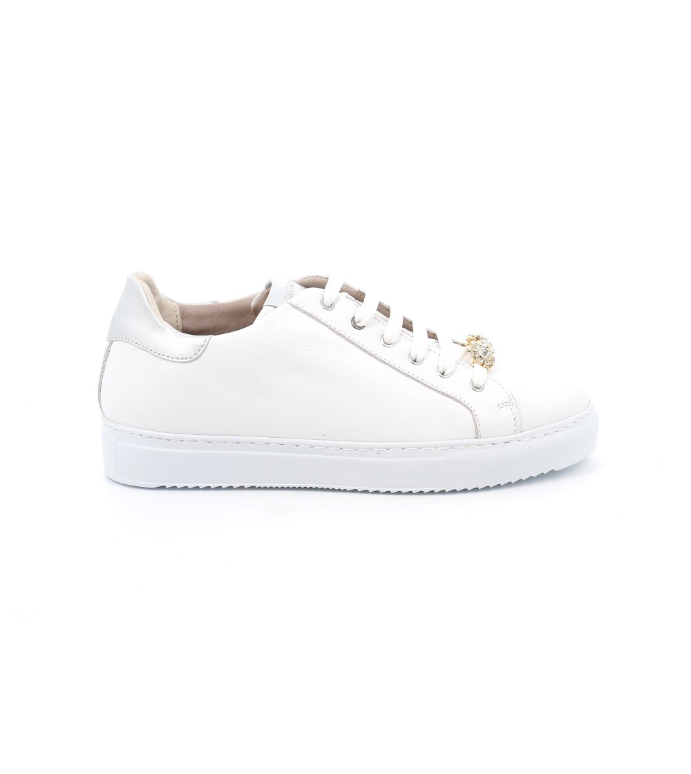 Grunland Sneakers Cassetta Spilla Gioiello su Lacci Pelle Bianco