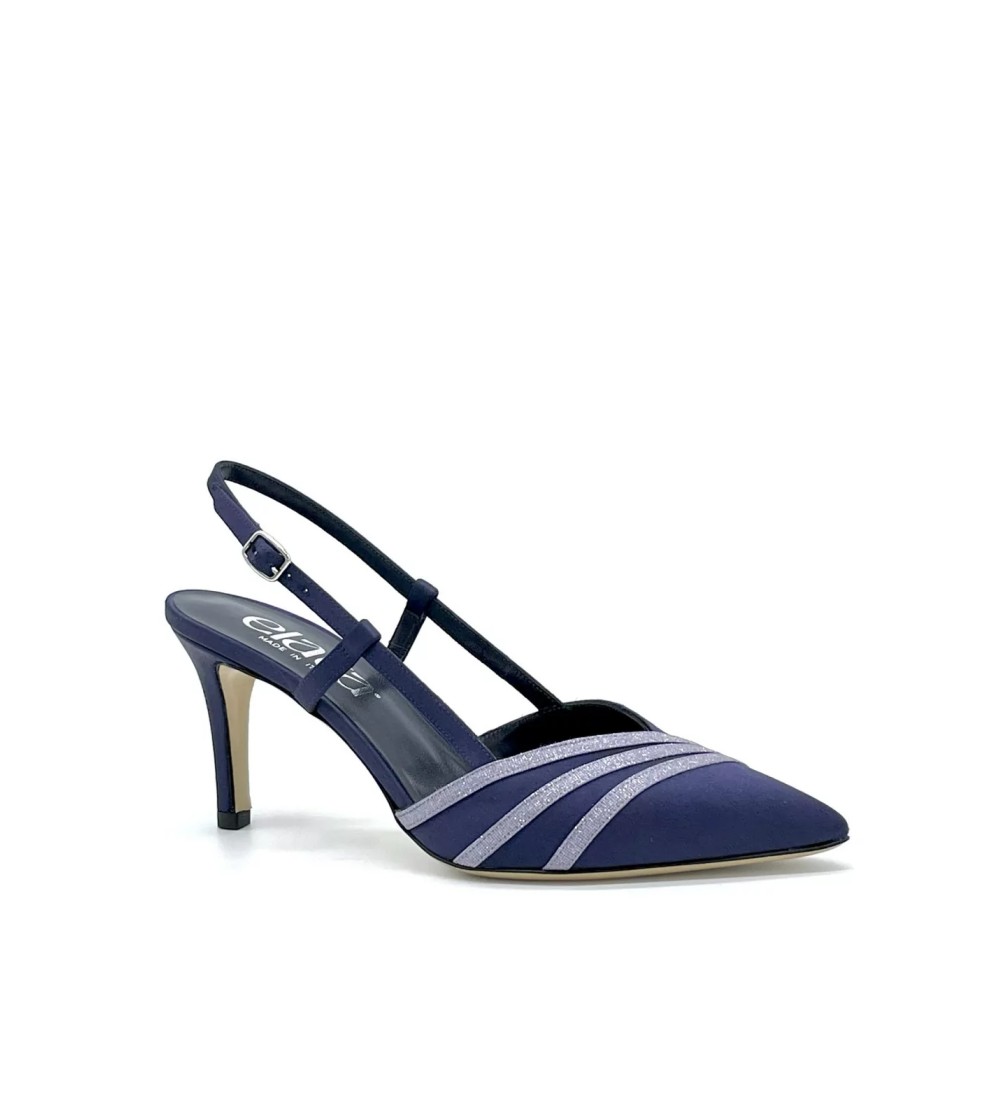 Elata Slingback a Punta Tacco Spillo Fasce Strass Raso Blu