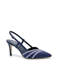 Elata Slingback a Punta Tacco Spillo Fasce Strass Raso Blu