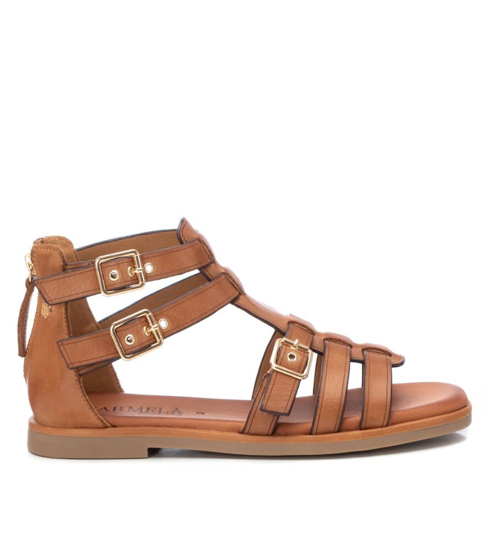 Carmela Sandalo Etrusca 3 Fibbie Zip Dietro Nappa Cammello