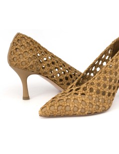 Noa Decollette Tacco Scollatura V Pelle Intrecciata Cuoio