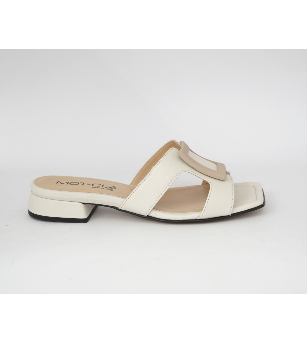 MOT-Clè Ciabattina Tacco Squadrata Fibbia Beige Nappa Avorio