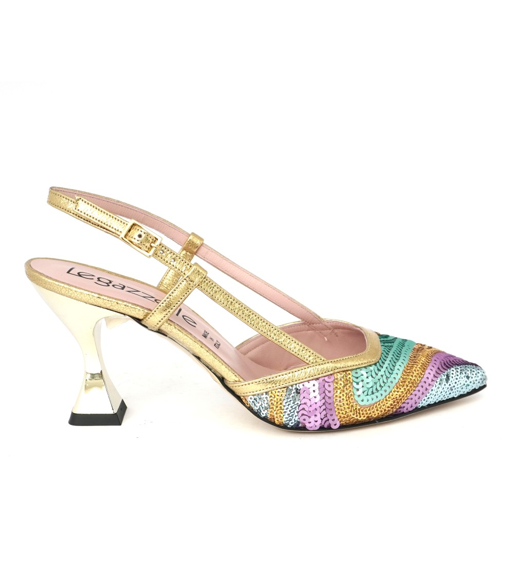 Le Gazzelle Slingback Punta Tacco Alto Paillettes Multicolor Oro