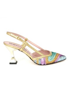 Le Gazzelle Slingback Punta Tacco Alto Paillettes Multicolor Oro