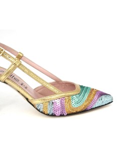 Le Gazzelle Slingback Punta Tacco Alto Paillettes Multicolor Oro