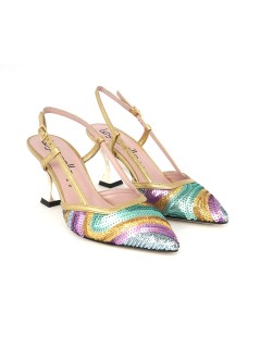 Le Gazzelle Slingback Punta Tacco Alto Paillettes Multicolor Oro