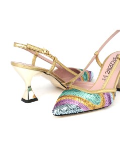 Le Gazzelle Slingback Punta Tacco Alto Paillettes Multicolor Oro