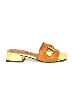 Le Gazzelle Ciabattina Tacco Basso Monofascia Intrecciata Morsetto Cuoio Oro