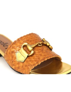 Le Gazzelle Ciabattina Tacco Basso Monofascia Intrecciata Morsetto Cuoio Oro