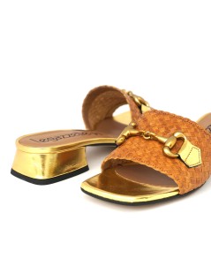 Le Gazzelle Ciabattina Tacco Basso Monofascia Intrecciata Morsetto Cuoio Oro