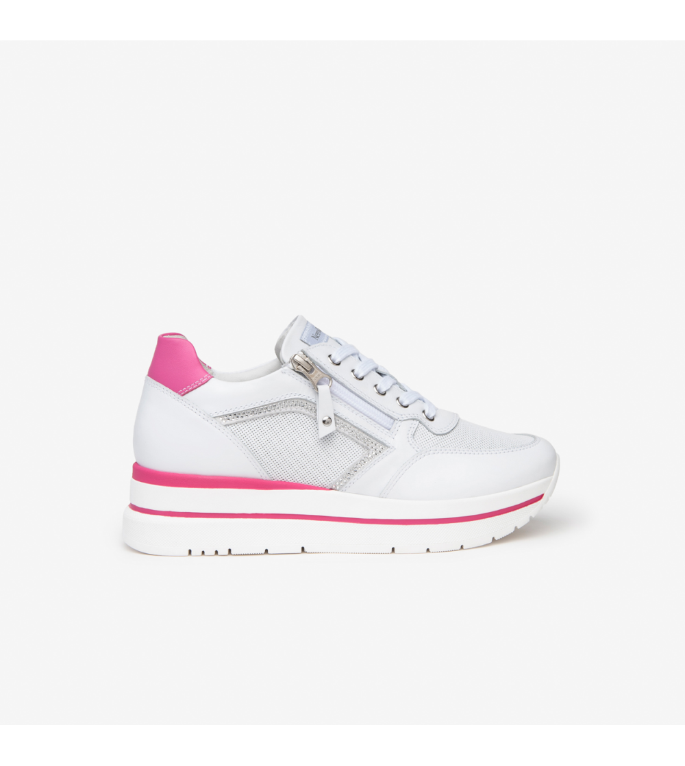 Nero Giardini Sneakers Doppio Volume Zip Strass Bianco Fuxia