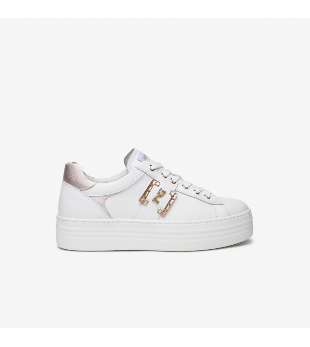 Nero Giardini Sneakers Cassetta Medio Logo Strass Bianco Rosa