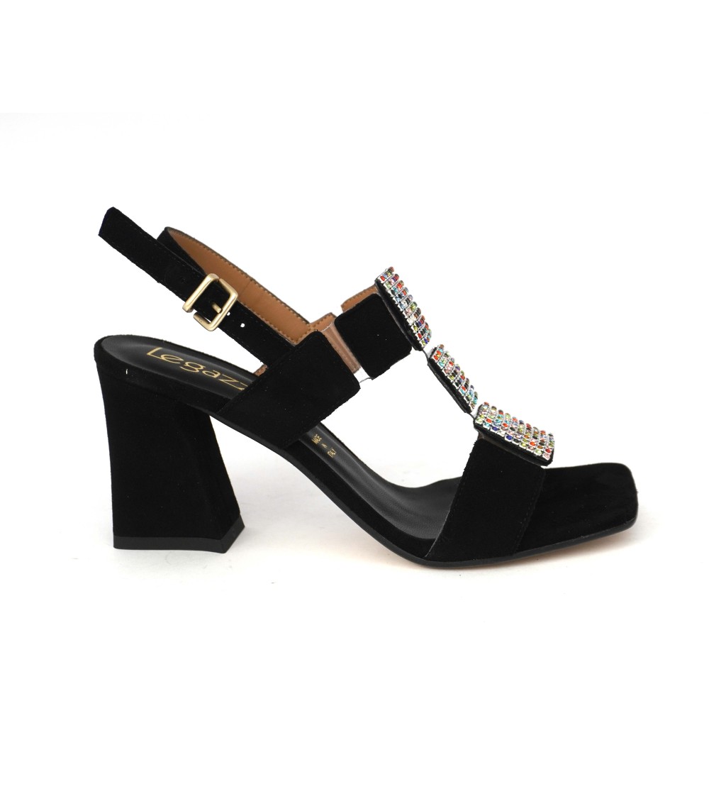 Le Gazzelle Sandalo Alto Squadrato Multi Strass Colorati Camoscio Nero