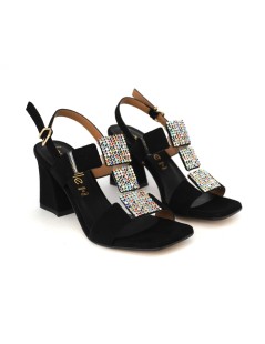Le Gazzelle Sandalo Alto Squadrato Multi Strass Colorati Camoscio Nero