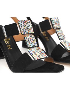 Le Gazzelle Sandalo Alto Squadrato Multi Strass Colorati Camoscio Nero