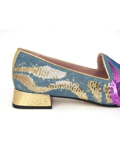 Le Gazzelle Mocassino Tacco Tessuto Paillettes Multicolor Oro Blu
