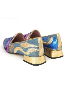 Le Gazzelle Mocassino Tacco Tessuto Paillettes Multicolor Oro Blu