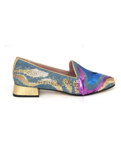 Le Gazzelle Mocassino Tacco Tessuto Paillettes Multicolor Oro Blu