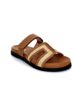 Bibi Lou Ciabatta Tacco Basso Fascia Rafia Velcro Cuoio