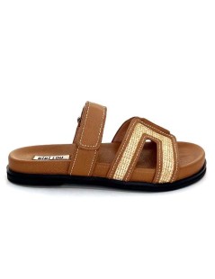 Bibi Lou Ciabatta Tacco Basso Fascia Rafia Velcro Cuoio