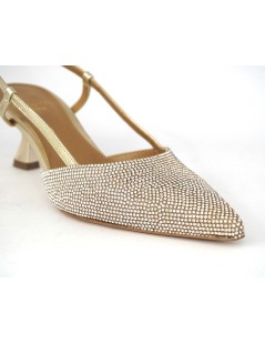 Chantal Slingback Cerimonia Tacco Medio Strass Laminato Platino