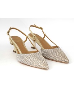 Chantal Slingback Cerimonia Tacco Medio Strass Laminato Platino