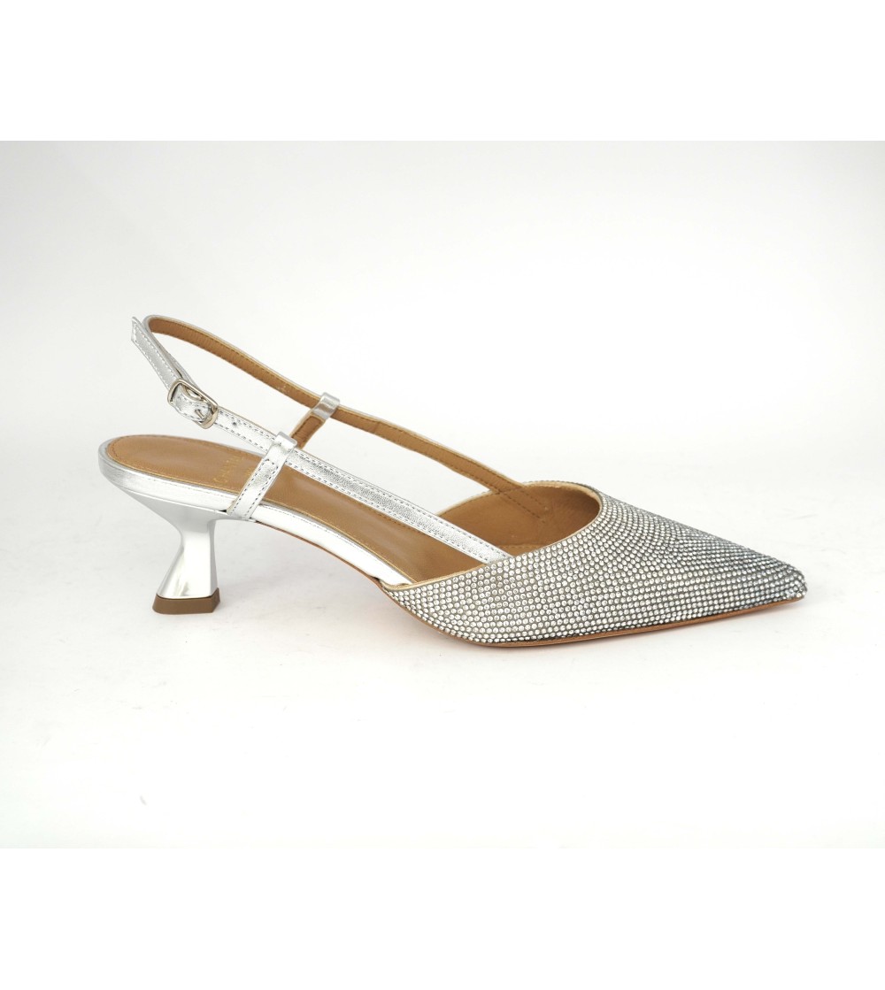 Chantal Slingback Cerimonia Tacco Medio Strass Laminato Argento