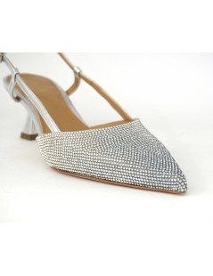 Chantal Slingback Cerimonia Tacco Medio Strass Laminato Argento