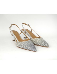 Chantal Slingback Cerimonia Tacco Medio Strass Laminato Argento