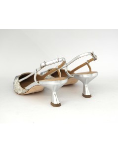 Chantal Slingback Cerimonia Tacco Medio Strass Laminato Argento