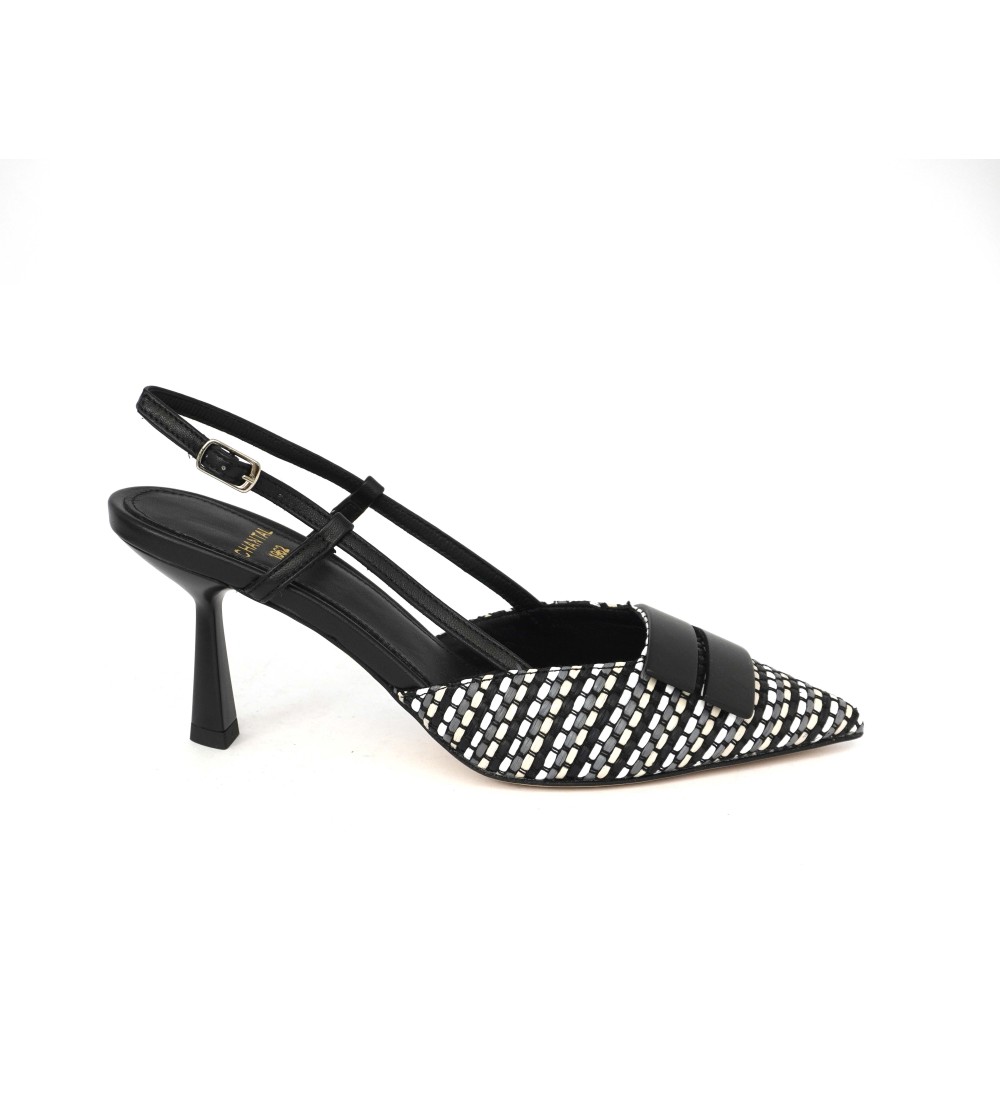 Chantal  Slingback a Punta Raffia Multicolor con Spilla Nero