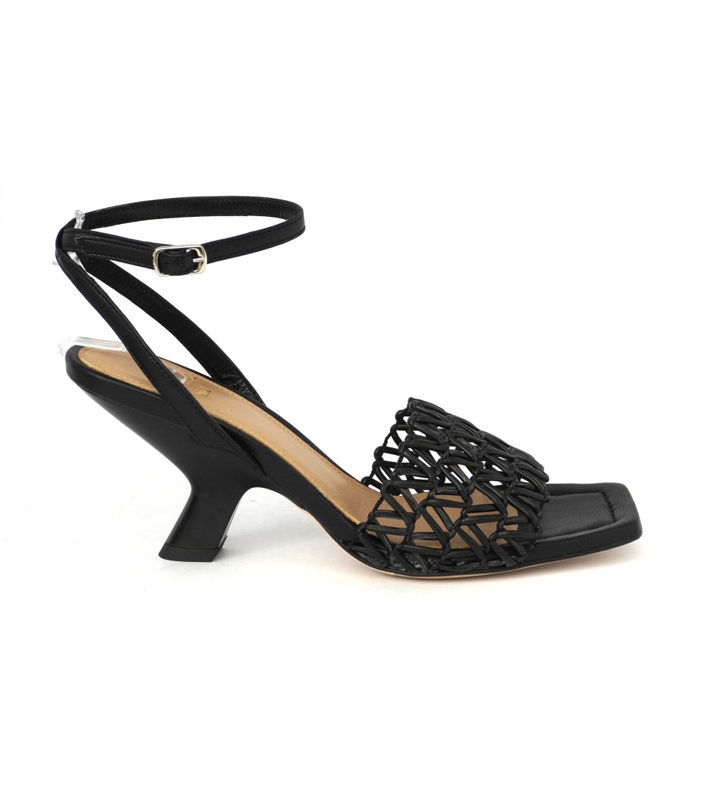 Chantal Sandalo Fascia Intrecciata Braccialetto Pelle Nero